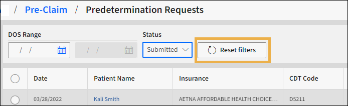 Predetermination request with a yellow highlight box around the reset filters button.